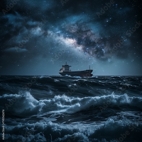 A majestic cargo ship navigating through rough seas under a starry night sky, symbolizing resilience and international commerce Inspire trust in shipping capabilities