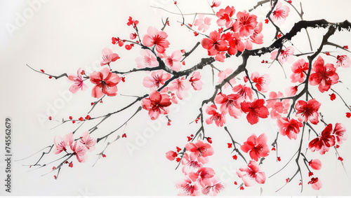 Watercolor red Japanese flowers on a tree branch.  Template for celebration, invitation, greeting card