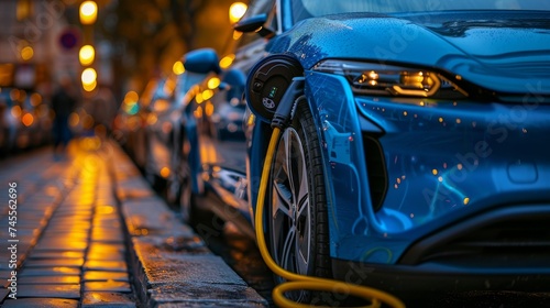 An electric car plugs into a charging station on a cobblestone street, with the city's evening lights blurred in the background.