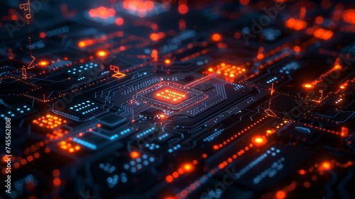 Electronic circuit board background with computer components illuminated at night, featuring intricate digital patterns and vibrant red hues, representing technological innovation and business concept