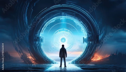 sci-fi concept showing a man standing at the futuristic portal