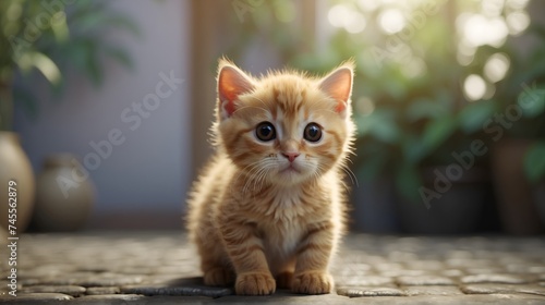 Obraz na płótnie A cute Kawaii tiny hyper realistic cat with a plain background.