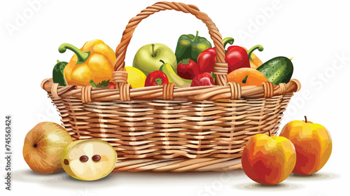 Wicker Basket With Fruit and Vegetables Isolated on