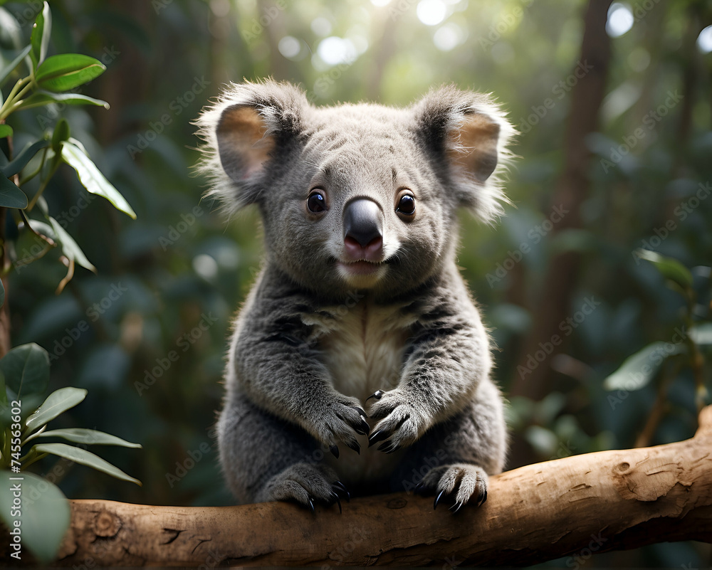 Fototapeta premium A cute Kawaii tiny hyper realistic koala with a plain background.