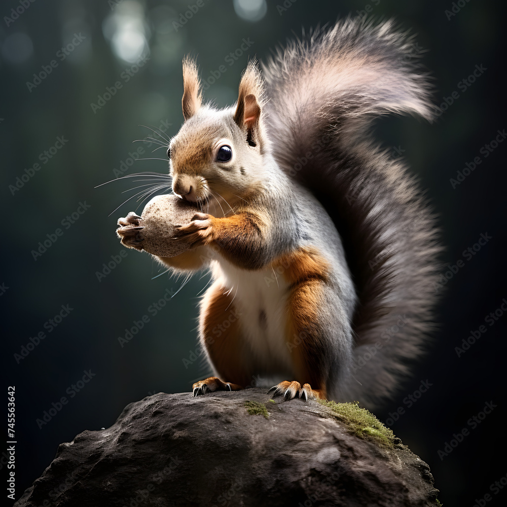 wild squirrel in the park enjoying nut - obrazy, fototapety, plakaty 