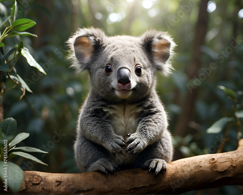 A cute Kawaii tiny hyper realistic koala with a plain background. © Alnova