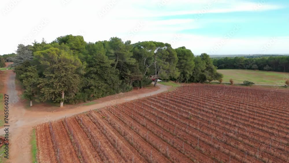 Aerial establsihing shot of the vineyards at Domaine St Jean de l'Arbousier Aerial establsihing shot of the vineyards at Domaine St Jean de l'Arbousier