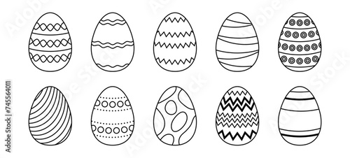 Black and white Easter eggs collection. Spring linear egg icon set with different ornaments. Doodle style Easter illustration pack for card, invitation, print, sticker, banner, poster. Vector bundle