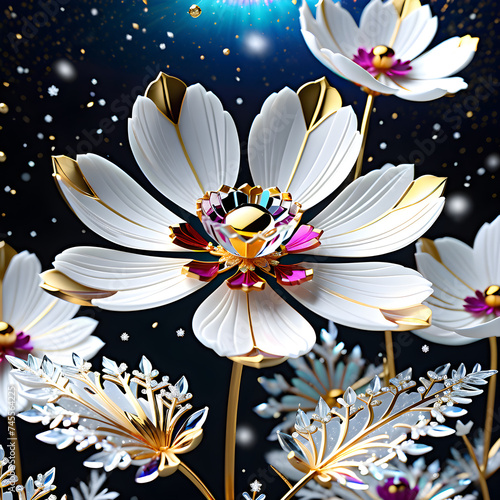 Capture the surreal elegance of a cosmos flower and delicate snowflake in 4K+ resolution against a snowy backdrop, accentuating their exquisite details and opulent allure.(Generative AI) 