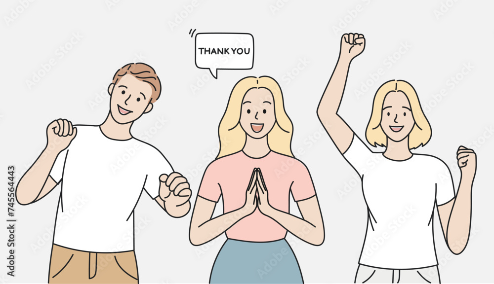 Cheerful women and men show thanks and smile. Characters, flat cartoon vector Cheerful women and men show thanks and smile. Characters, flat cartoon vector