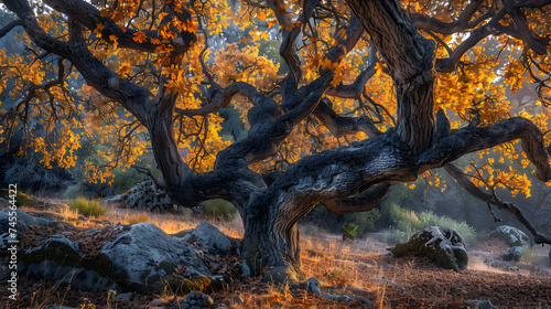 Dancing leaves autumns fiery embrace on ancient oaks