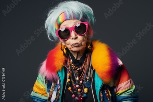 Fashionable senior woman with colorful hair and sunglasses. Studio shot.