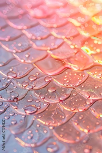 Textura de piel sintetica con forma de escamas de pez color rosa pastel metalico con gotas de agua. Ideal para usar como atractivo fondo de pantalla