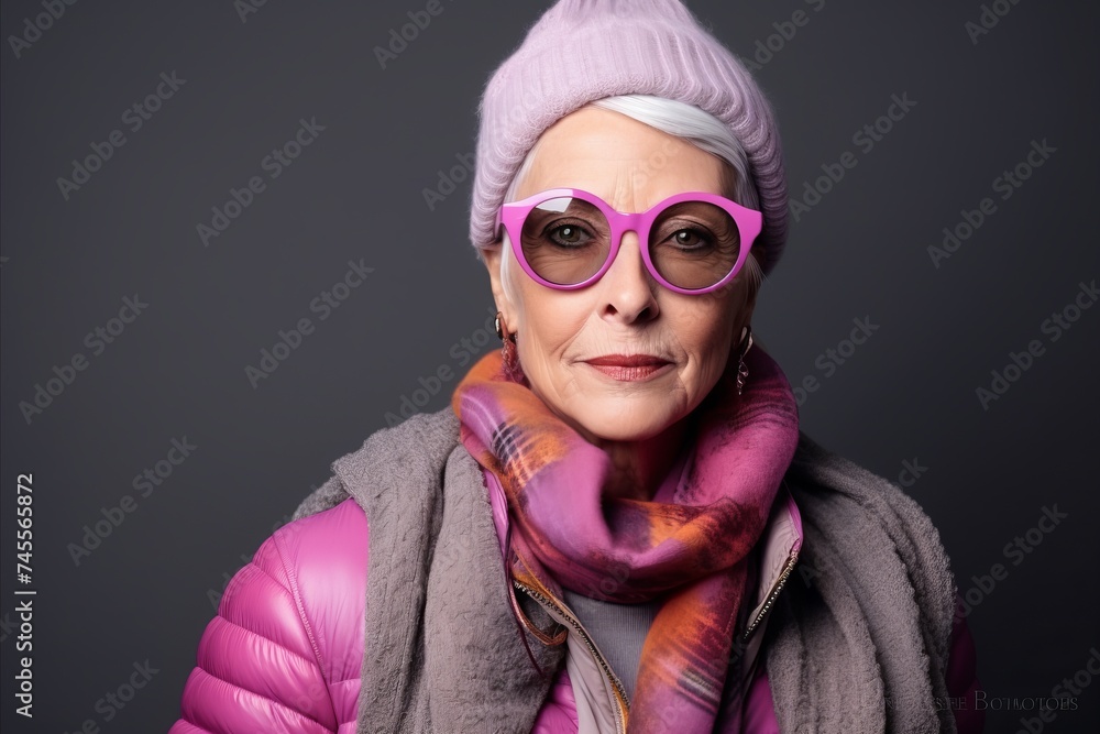 Portrait of a beautiful senior woman wearing pink glasses and scarf.
