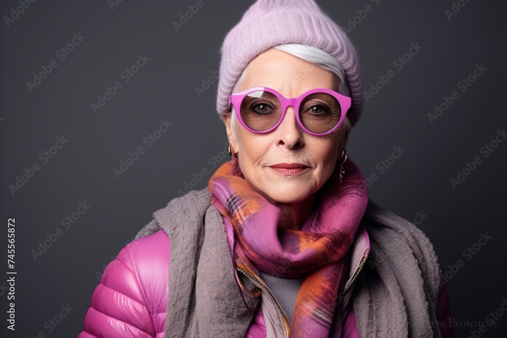 Portrait of a beautiful senior woman wearing pink glasses and scarf. Portrait of a beautiful senior woman wearing pink glasses and scarf.