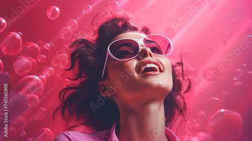 Happy positive woman in pink glasses in pink background rejoices at a holiday  event  sale and discounts in stores  a lucrative offer  positive moments