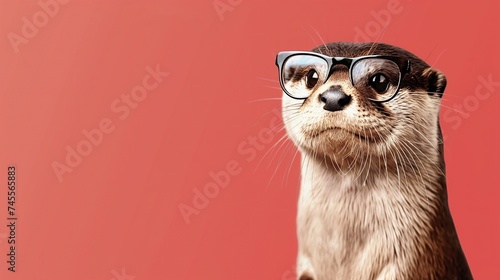 Otter wearing glasses with stylish frames, advertisement for an optics store, vision problems, myopia and farsightedness, consultation with an ophthalmologist, on light red background photo
