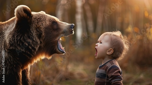Young human toddler screams at a growling brown bear adult photo
