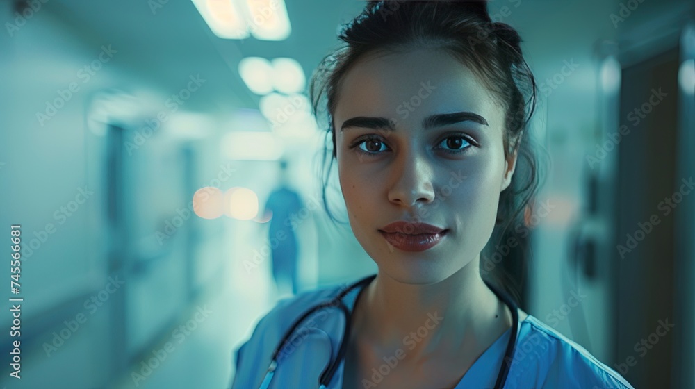 Woman female doctor in scrubs with stethoscope standing in the hospital hallway Woman female doctor in scrubs with stethoscope standing in the hospital hallway