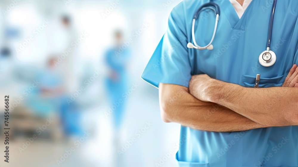 Woman female doctor in scrubs with stethoscope standing in the hospital hallway Woman female doctor in scrubs with stethoscope standing in the hospital hallway