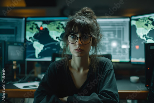 a young woman, wearing glasses, surrounded by computer monitors in a dark office. In front of her