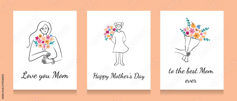 Floral greeting cards for Mothers Day, love you mom, happy woman with flowers, gift for mommy, beautiful postcard with love, template with copy space, girl holding bouquet, good for poster design