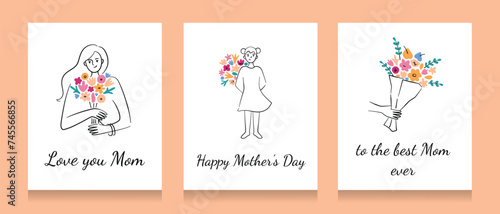 Floral greeting cards for Mothers Day, love you mom, happy woman with flowers, gift for mommy, beautiful postcard with love, template with copy space, girl holding bouquet, good for poster design