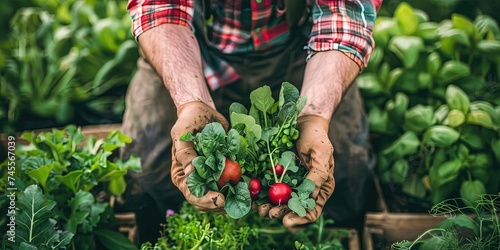 Gardening concept with a homesteader farming their own land using a home garden full of fruits, vegetables, herbs, and spices photo