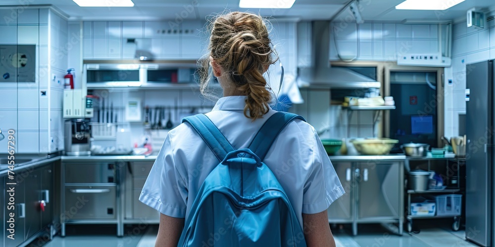 Nurse with backpack in commercial kitchen