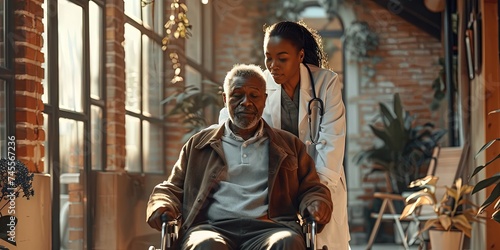 African American nurse pushes elderly african american man in wheelchair at assisted living retirement home.