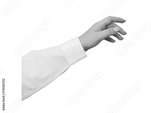 Black and white hand in a white shirt points or touch with a finger - element for collage. Illustration on transparent background