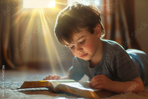 Little cute boy studying the scriptures at home, Christian bible study concept. photo