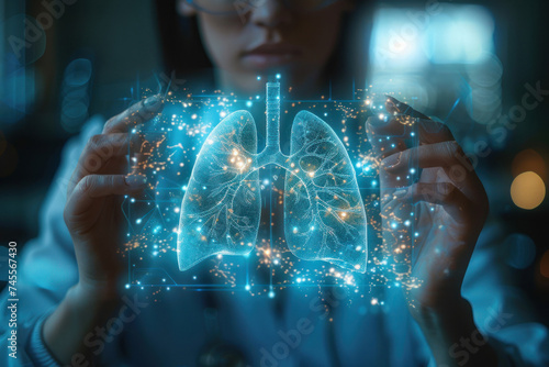Closeup of radiology doctor analyzing virtual growth of human lungs photo