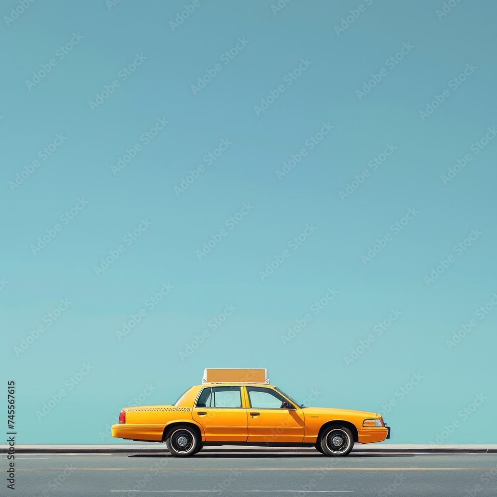 Iconic yellow cab in New York City, isolated against a clear sky, holiday vibe with copy space