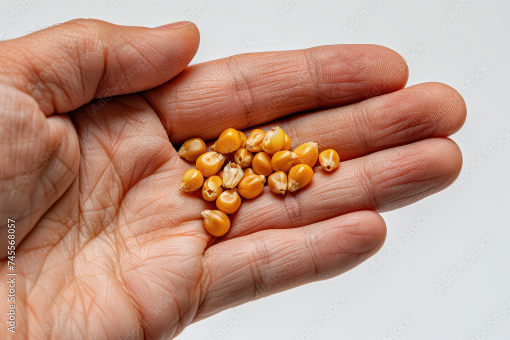 Hand hold corn kernel, food and agribusiness industry concept Hand hold corn kernel, food and agribusiness industry concept