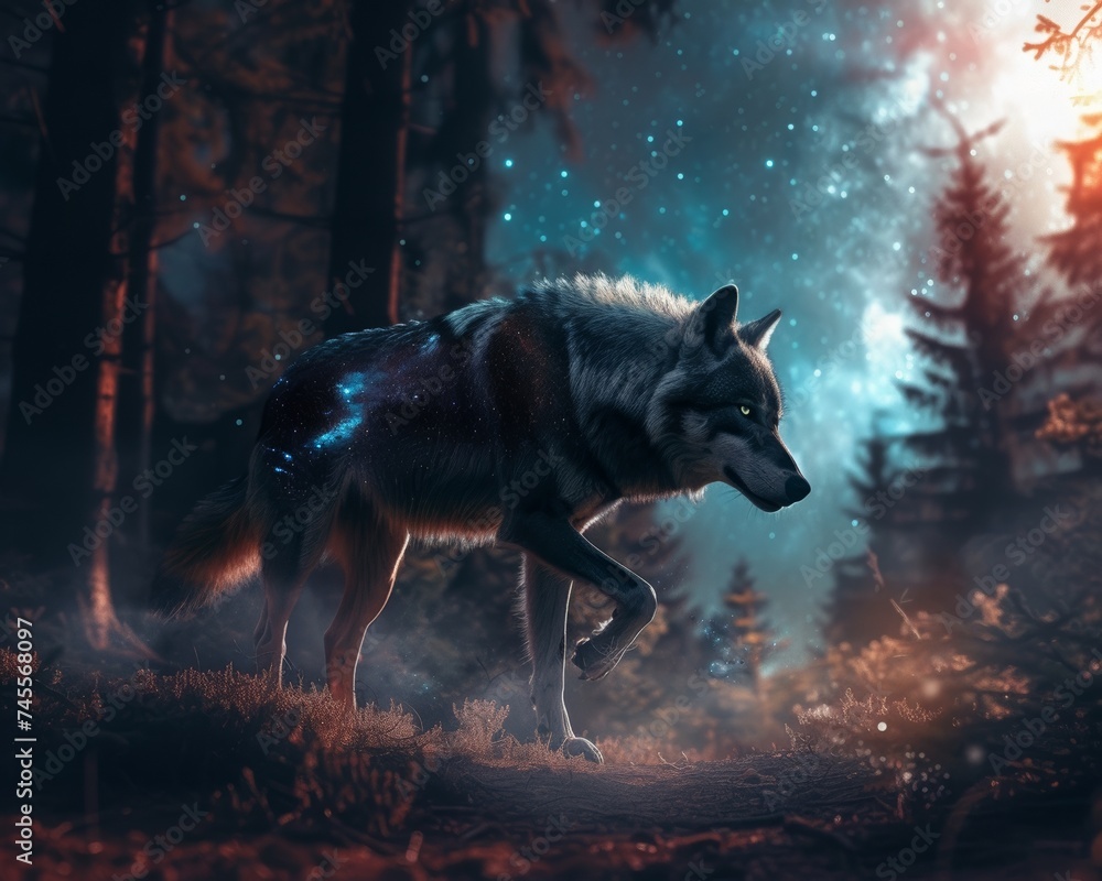 Werewolf with galaxy patterned fur strolling through a mystical forest