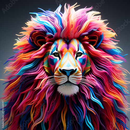 Threaded Majesty: Unveiling the Illusory Beauty of a Multicolored Lion Sculpted from Threads, Where Imagination and Reality Converge