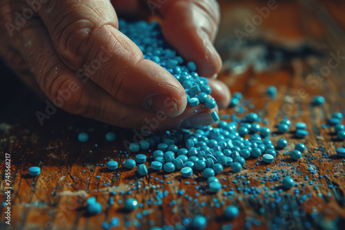 Hand grab blue pill from a pile, drug, medicine, health concept