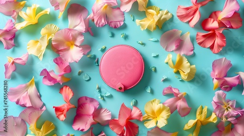A dainty pink leather coin purse surrounded by a halo of multicolored petals, on a turquoise background.
