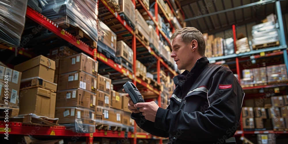 Male warehouse worker uses in-house inventory system to monitor logistics and supply chain efficiency Male warehouse worker uses in-house inventory system to monitor logistics and supply chain efficiency