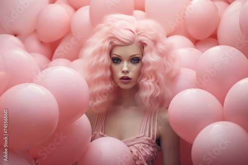 Playful Lady with pink balloons background. Studio woman event with party looking. Generate AI