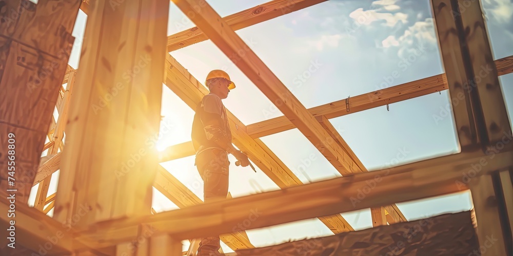 Construction concept with a male carpenter working on the wood beams in a new house construction Construction concept with a male carpenter working on the wood beams in a new house construction