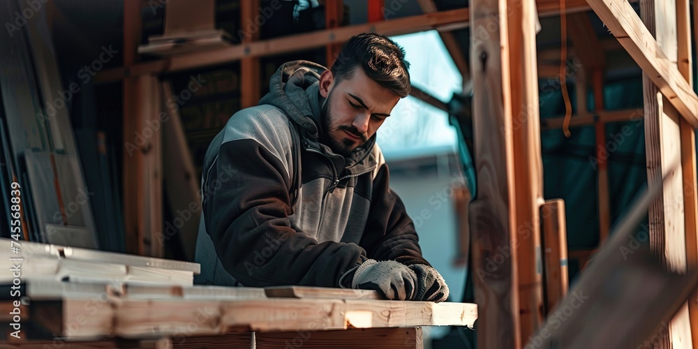 Construction concept with a male carpenter working on the wood beams in a new house construction Construction concept with a male carpenter working on the wood beams in a new house construction