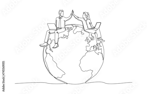 Continuous one line drawing of businessman and businesswoman working on globe giving high five gesture together, remote working concept, single line art.