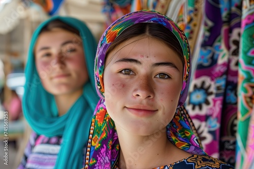 Youth of Kyrgyzstan. Two Kyrgyz women wearing headscarves posing among textile. Central Asia. Eastern motifs. Ethnos. Weaving. Young Kyrgyz lady wearing national dress and headwear. Uzbek ethnicity photo