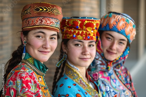 Three Kyrgyz women dressed up in traditional attire. Ethnic group of Uzbek ladies from Central Asia. Beauty of Asian girls. Modern youth of Kyrgyz Republic. Turkmen women wearing national gown.Tagiyah photo