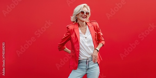 Action shot of an older woman posing isolated on solid background with copy space