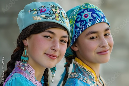 Youth of Kyrgyzstan. Two Kyrgyz women wearing tagiyah. Central Asia. Tyubeteyka. Eastern motifs. Ethnos. Young Uzbek ladies wearing national dress and headwear. Uzbek ethnicity. Turkmen women. Taqiyah photo