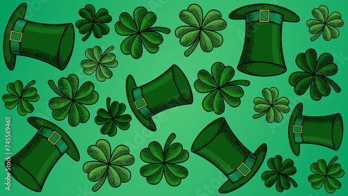 St Patrick clover illustration pattern. Lucky Irish shamrock horseshoe leprechaun hat texture banner backdrop background design template blank