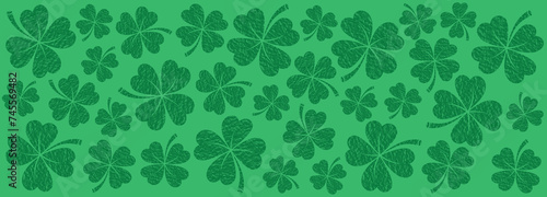 St Patrick four leaves clover illustration seamless pattern. Lucky Irish shamrock texture banner backdrop background design template blank